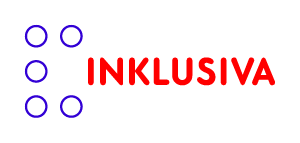 Inklusiva Logo: "Klammer Auf"- Zeichen aus blauen Kreisen, das Wort Inklusiva in rot
