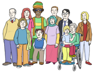 Eine Gruppe von elf Menschen in unterschiedlichem Alter, Körpergröße, Kleidung, Hautfarbe und Einschränkung. Alle stehen gemeinsam und blicken freundlich. Alle haben Teil und sind inkludiert.