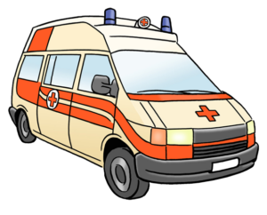 Es ist ein Krankenwagen mit Blaulicht zu sehen. Er ist cremefarben mit orangenen Streifen.
