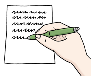Eine Hand hält einen grünen Stift und schreibt Zeilen auf einem Blatt Papier.