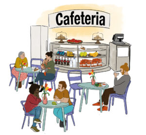Abgebildet ist eine Cafeteria mit drei Tischen und Besuchern, die etwas essen und/oder trinken. Im Hintergrund des Bildes ist ein Kühlschrank, eine Vitrine mit Obst, Kuchen und Getränken sowie ein Kassenapparat.