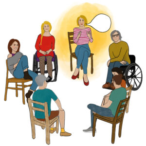 Gruppenleiterin 7 Personen, darunter Frauen und Männer, sitzen in einem Stuhlkreis. Eine Frau mit selbstbewusster Haltung spricht zu dem Rest der Gruppe.