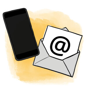 Auf dem Bild ist ein Briefumschlag mit einem '@'-Zeichen zu sehen. Das Zeichen steht für die E-Mail-Adresse. Daneben ist ein Handy abgebildet. Das Handy symbolisiert die Telefonnummer.