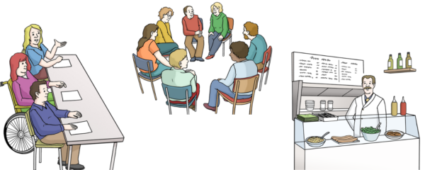 Es sind mehrere Bilder zu sehen. Drei Personen sitzen an einem Tisch. Mehrere Personen sitzen in einem Kreis. Ein Mann steht hinter einem Imbissstand.