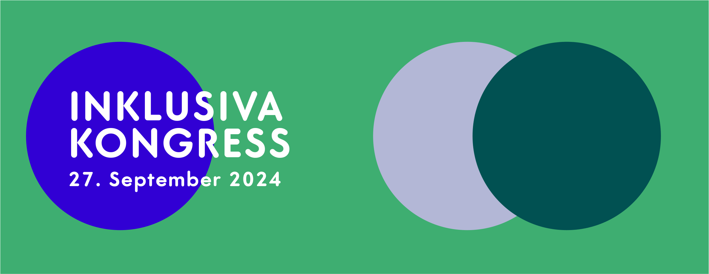 auf grünem Hintergrund sind drei Punkte in blau, grau und dunkelgrün zi sehen. Ein SChriftzug weisst auf den INKLUSIVA-Kongress hin.